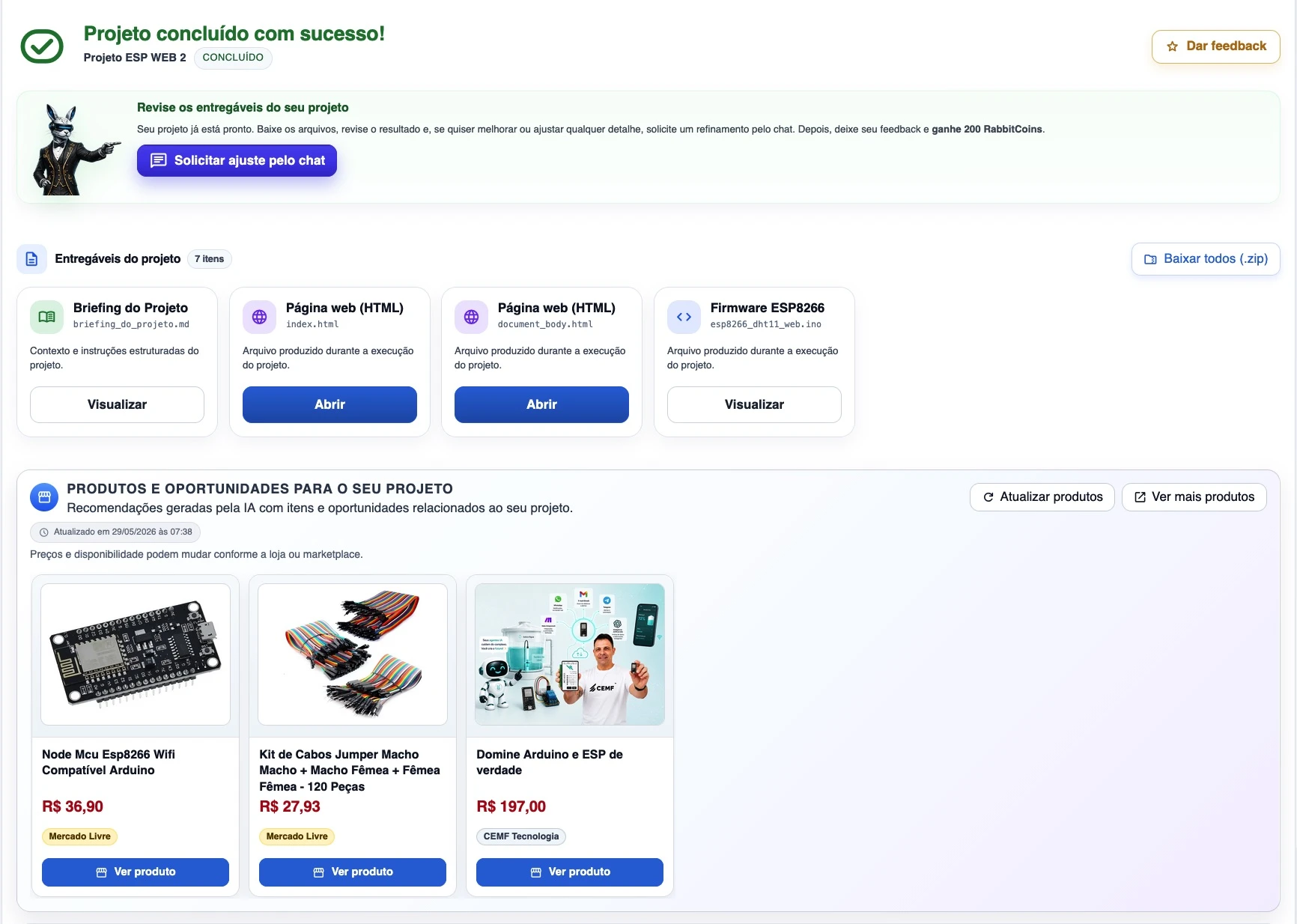 Exemplo visual de um projeto Rabbit com código, interface, documentação e componentes