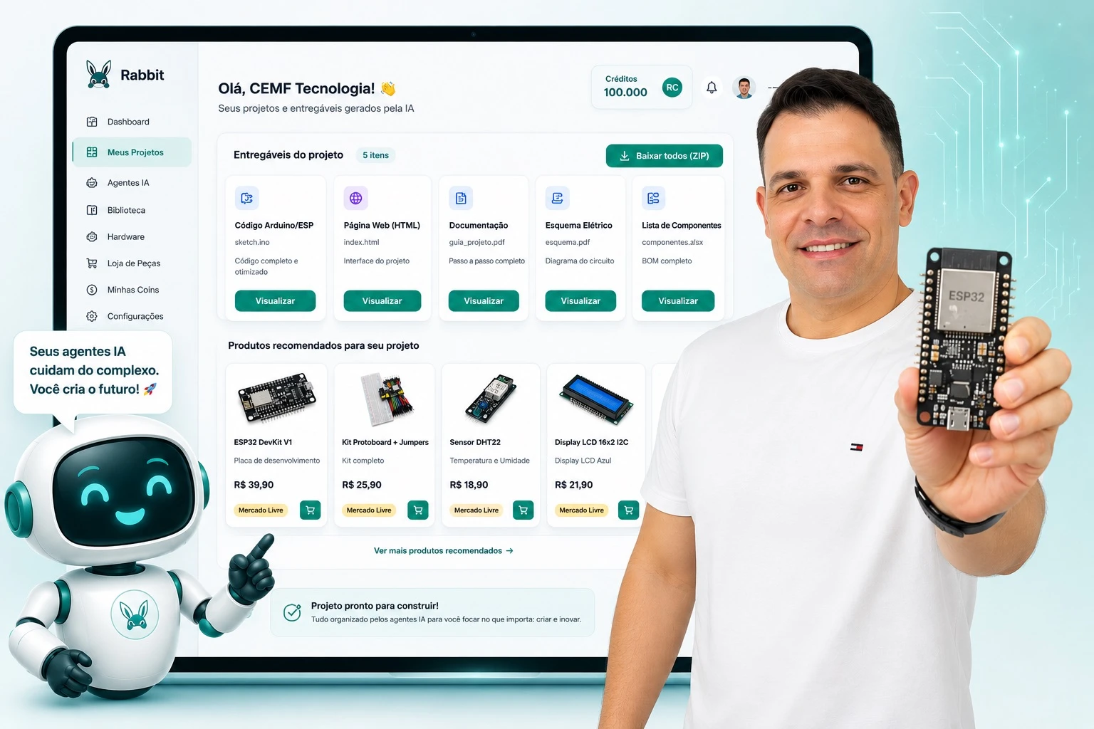 Painel da plataforma Rabbit com projetos e entregáveis