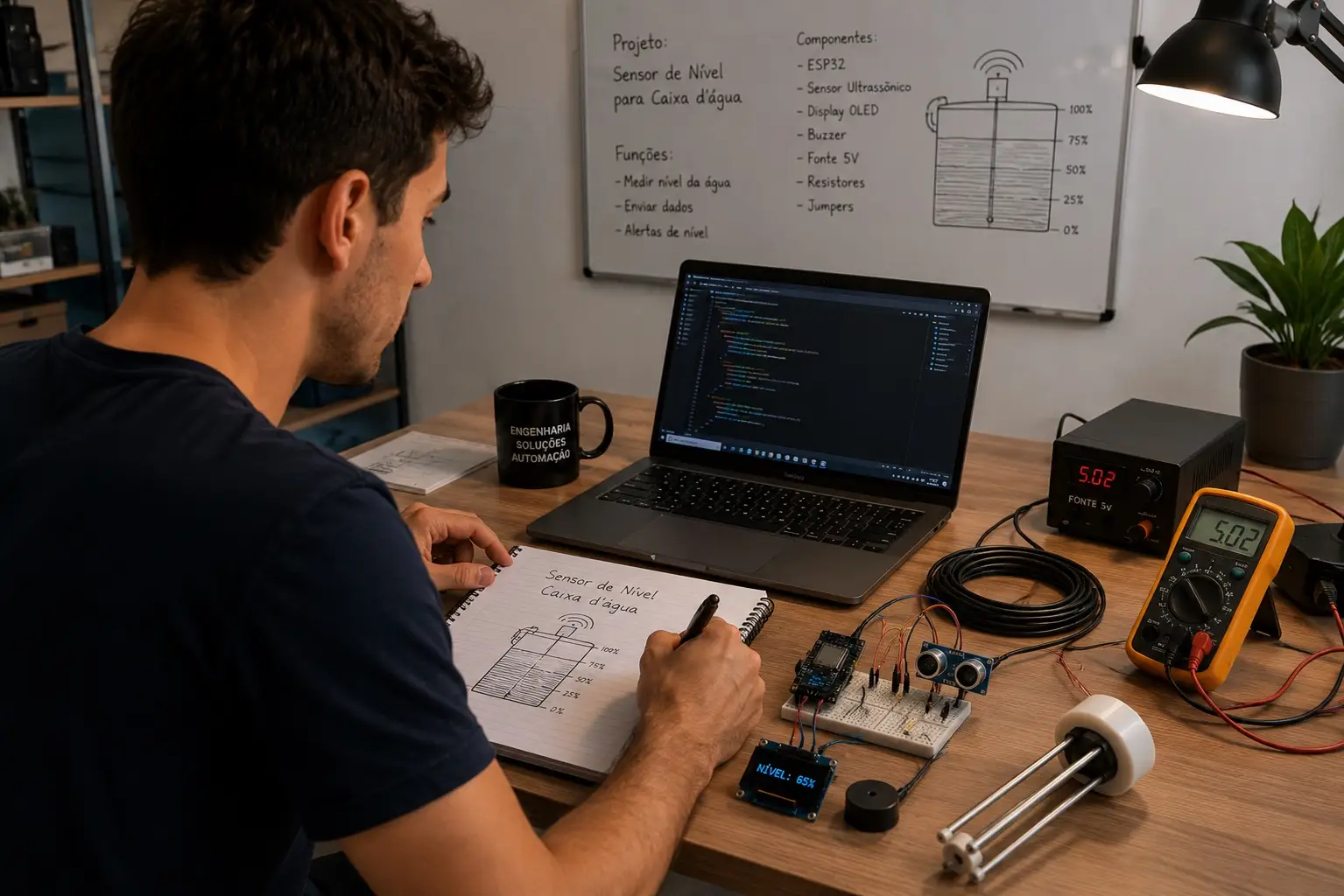 Aluno começando um projeto com Arduino, ESP32, notebook e componentes na mesa